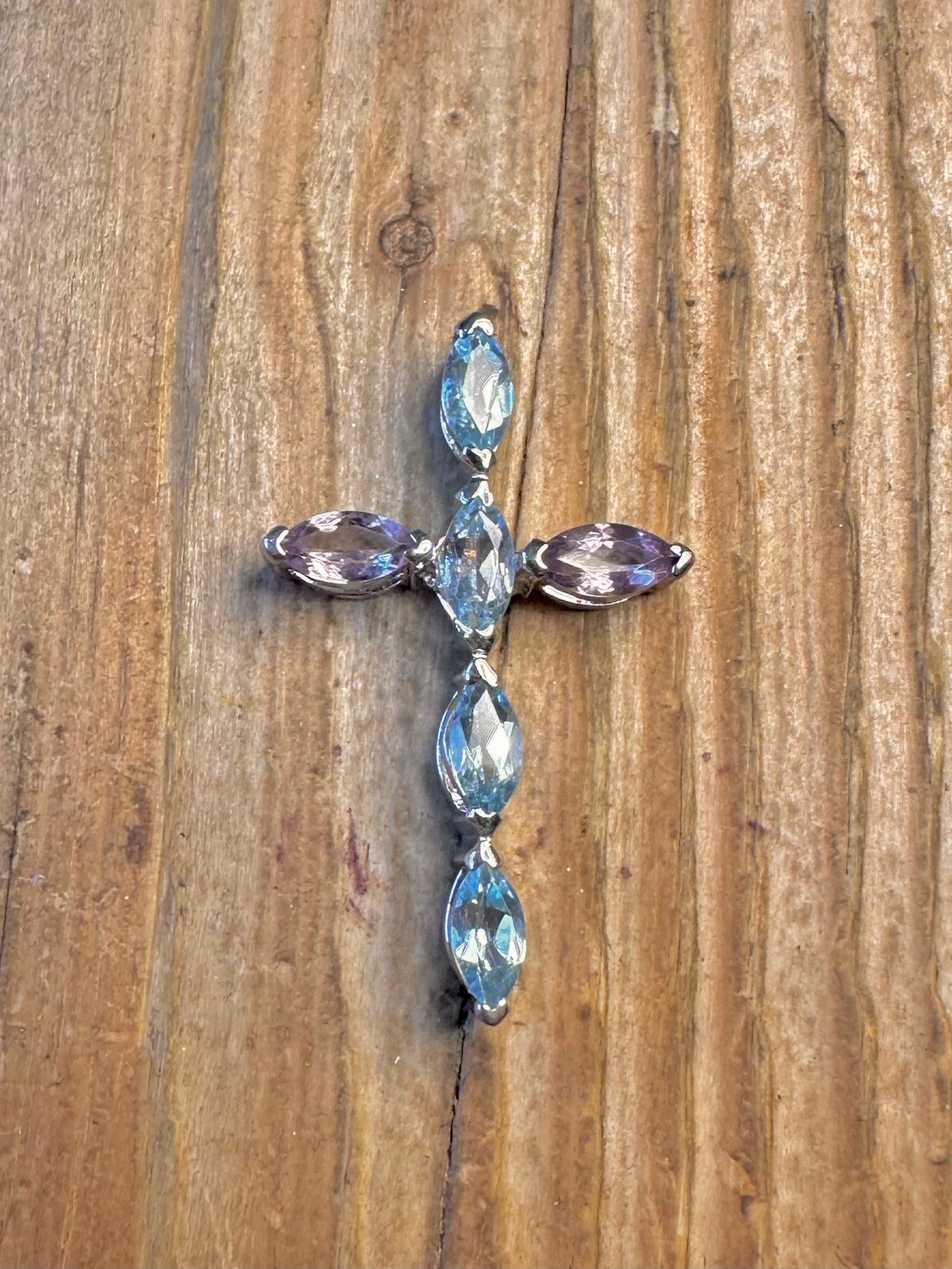 Blue Topaz and Amethyst Cross 925 Sterling Silver Pendant