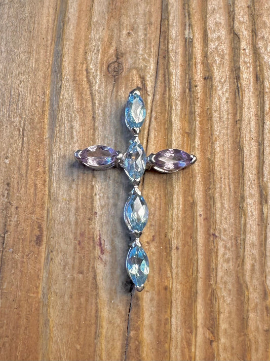 Blue Topaz and Amethyst Cross 925 Sterling Silver Pendant