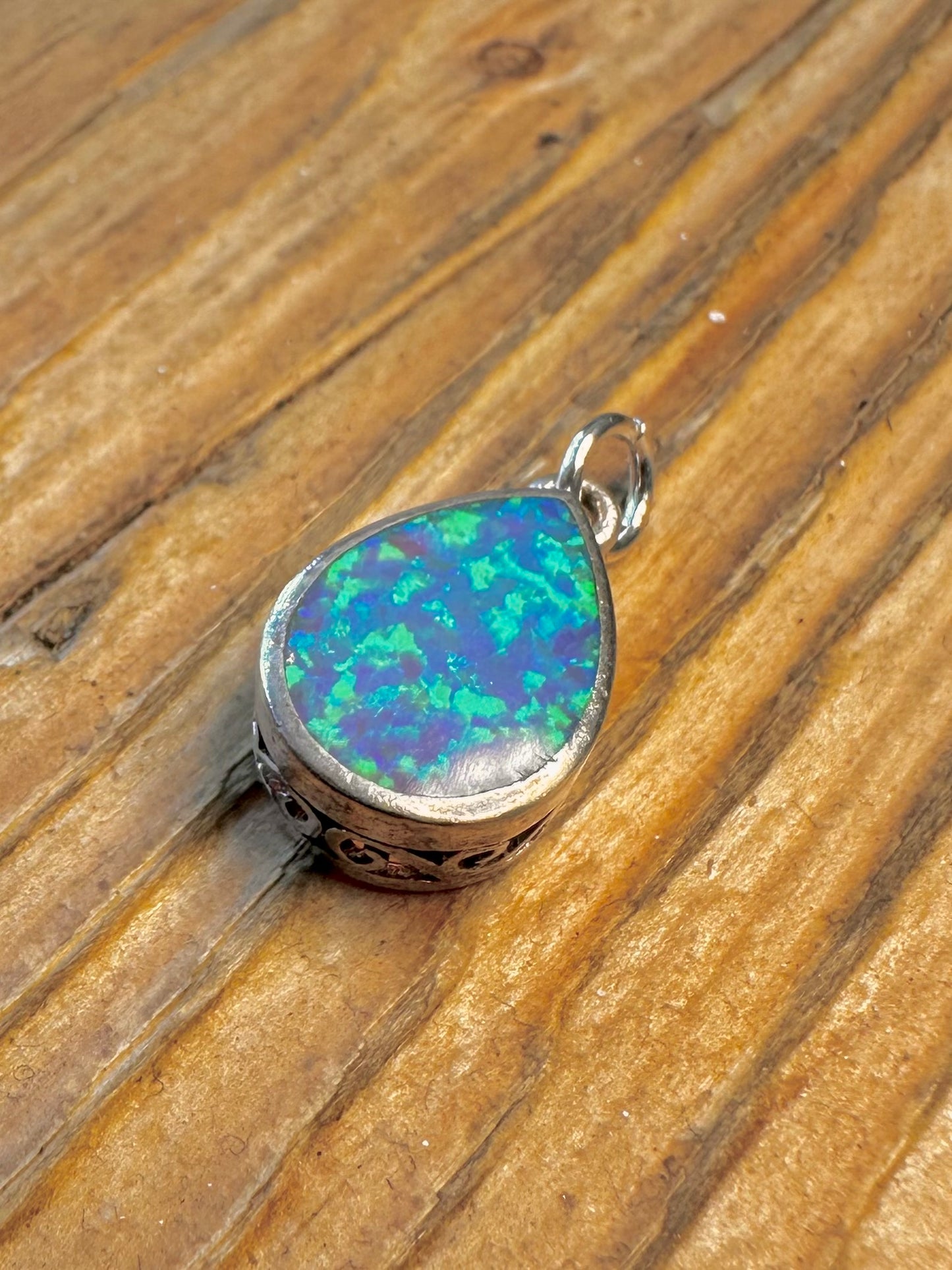 Blue Opal Teardrop Swirl Mount 925 Sterling Silver Pendant