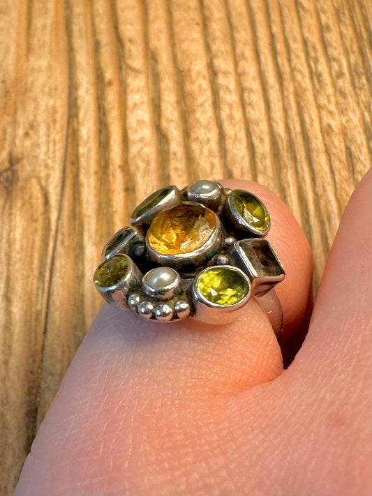 Citrine Peridot Smokey Quarts Pearl 925 Sterling Silver Size L Ring
