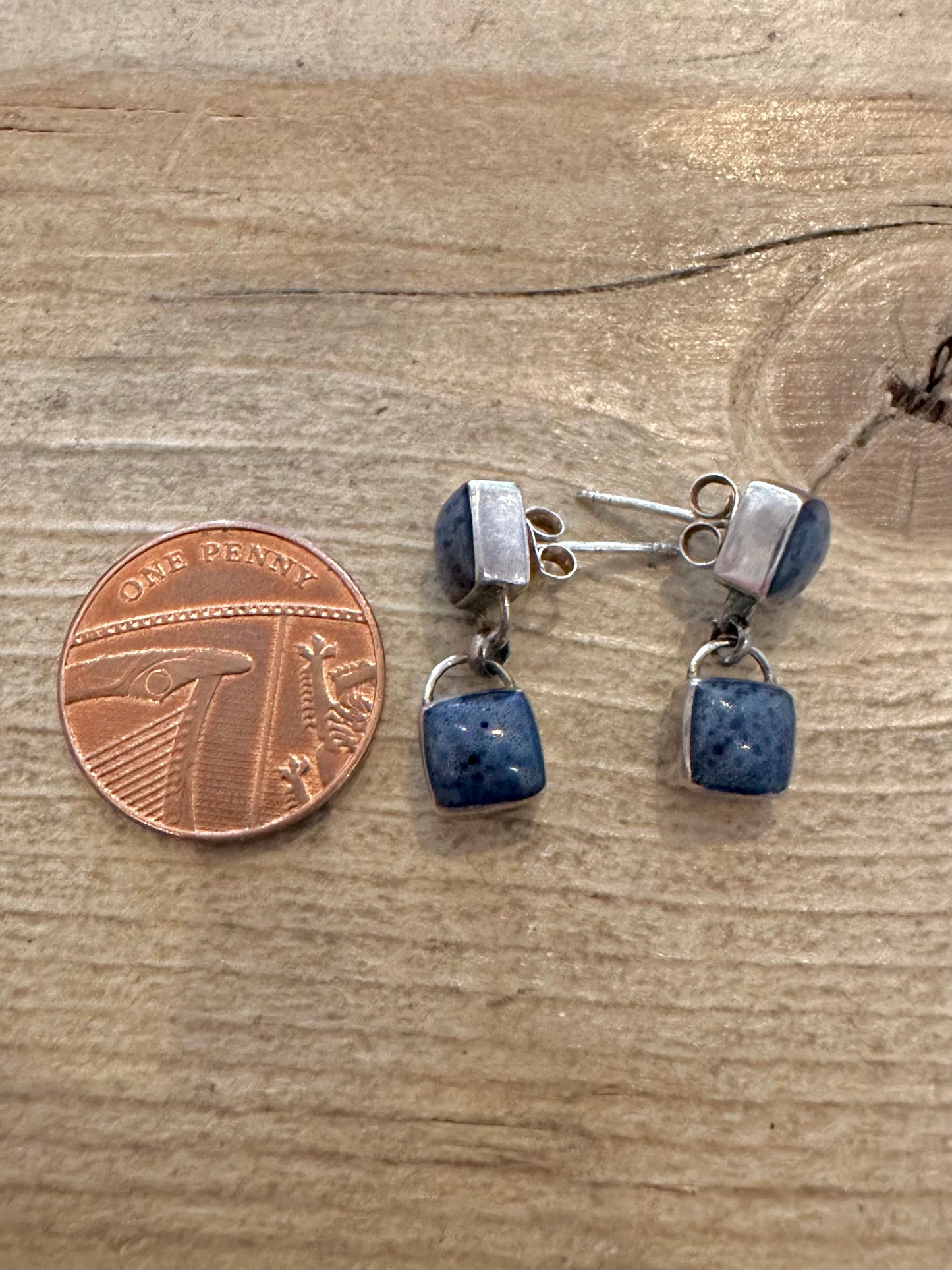 Vintage Blue Stone Square 925 Silver Earrings