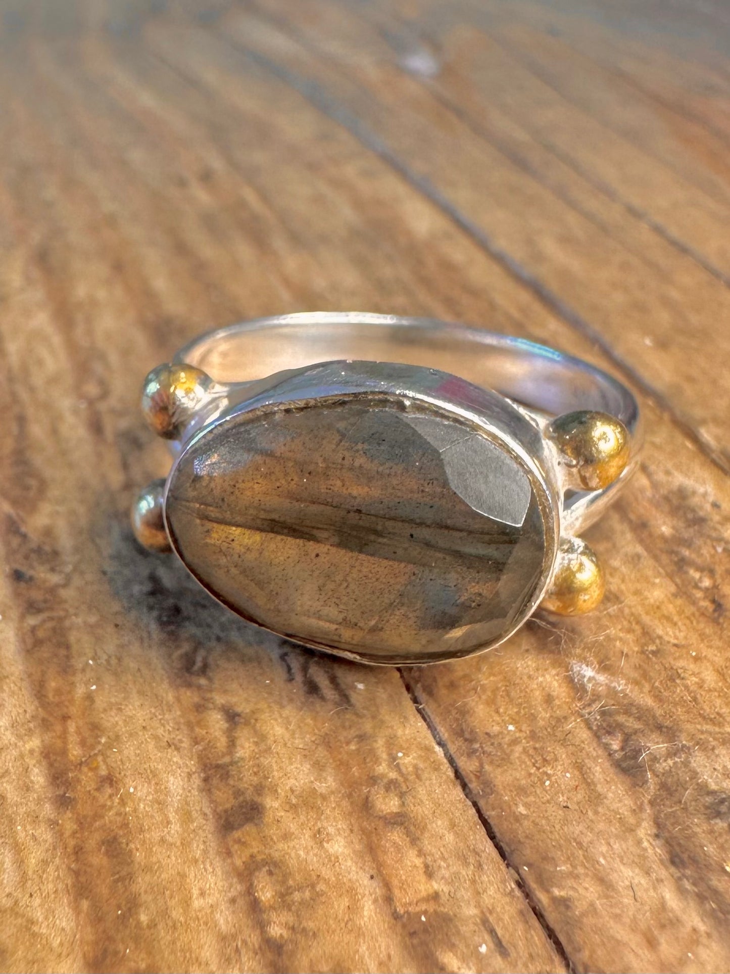 Labradorit Gold Kugeln 925 Sterling Silber Ring Größe U
