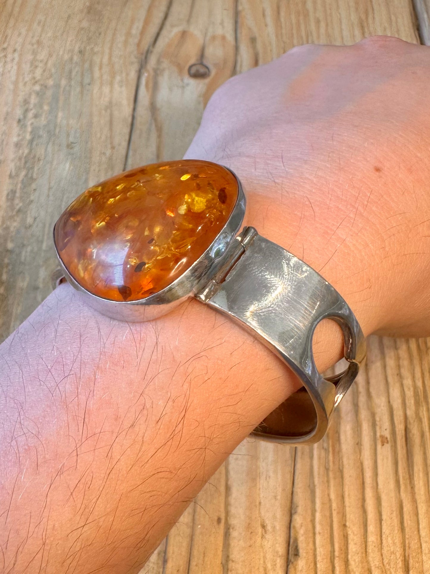Abstract Amber Front Clasp 925 Sterling Silver Bangle