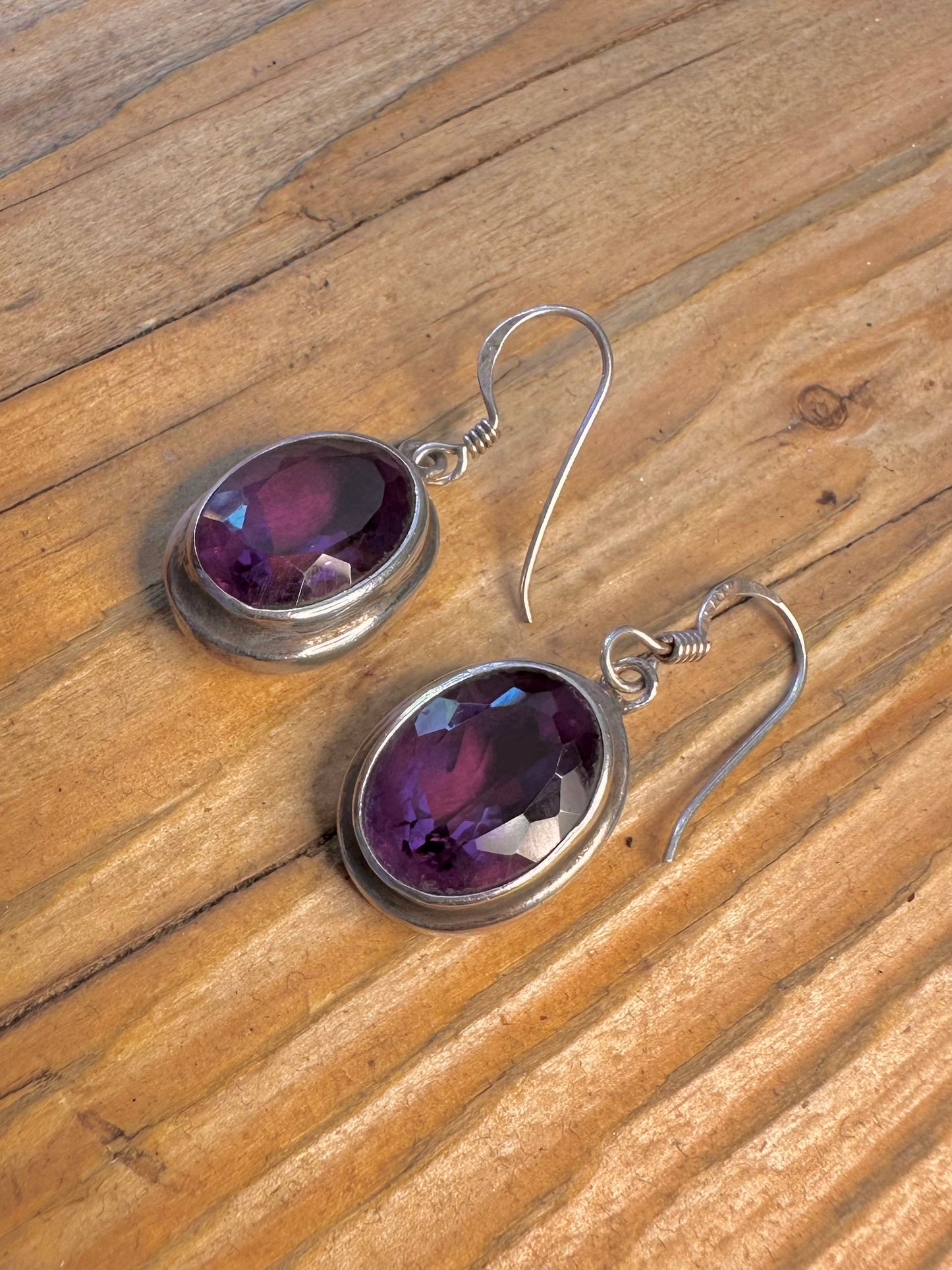 Faceted Oval Amethyst Dangle 925 Sterling Silver Earrings