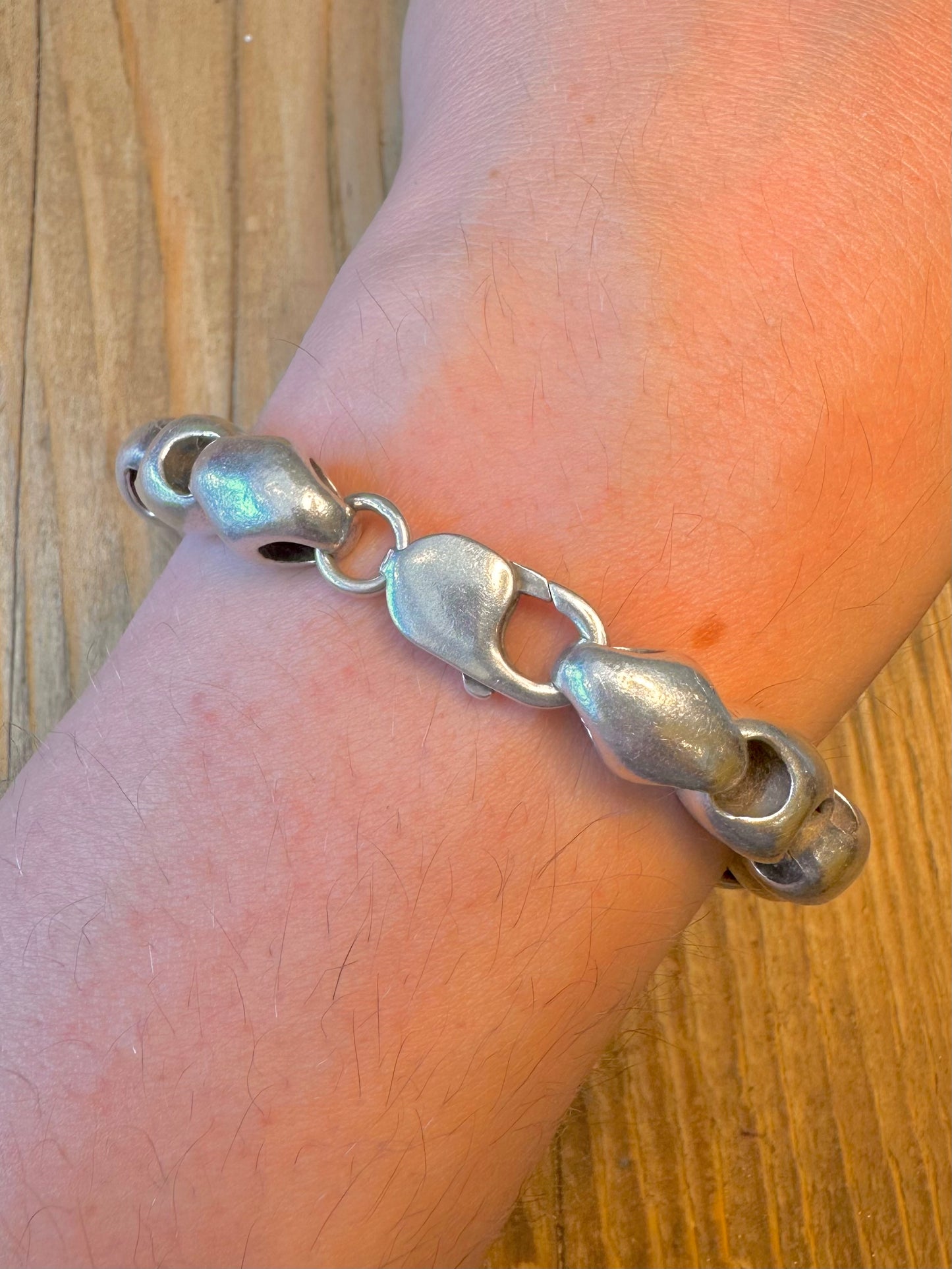 Abstract Chunky Heavy Bean Link 925 Sterling Silver 8.4 inch Bracelet