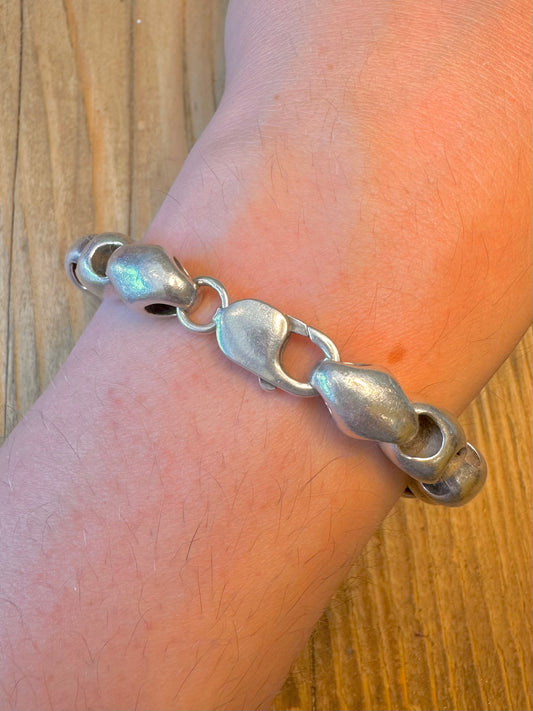 Abstract Chunky Heavy Bean Link 925 Sterling Silver 8.4 inch Bracelet