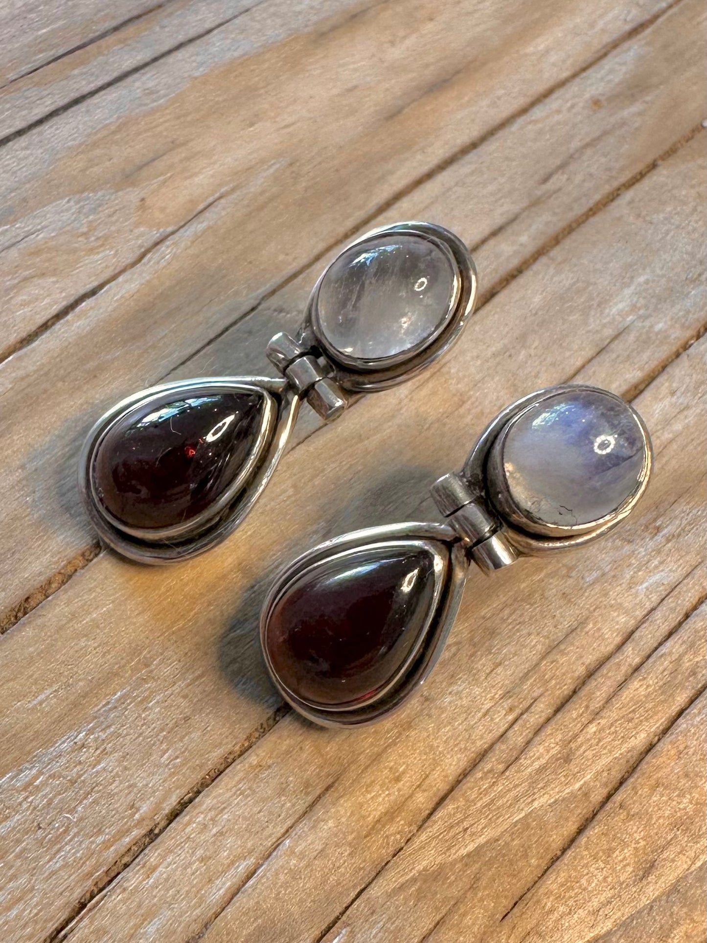 Vintage Moonstone and Garnet Hinged 925 Silver Earrings