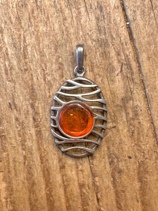 Abstract Amber Oval 925 Sterling Silver Pendant