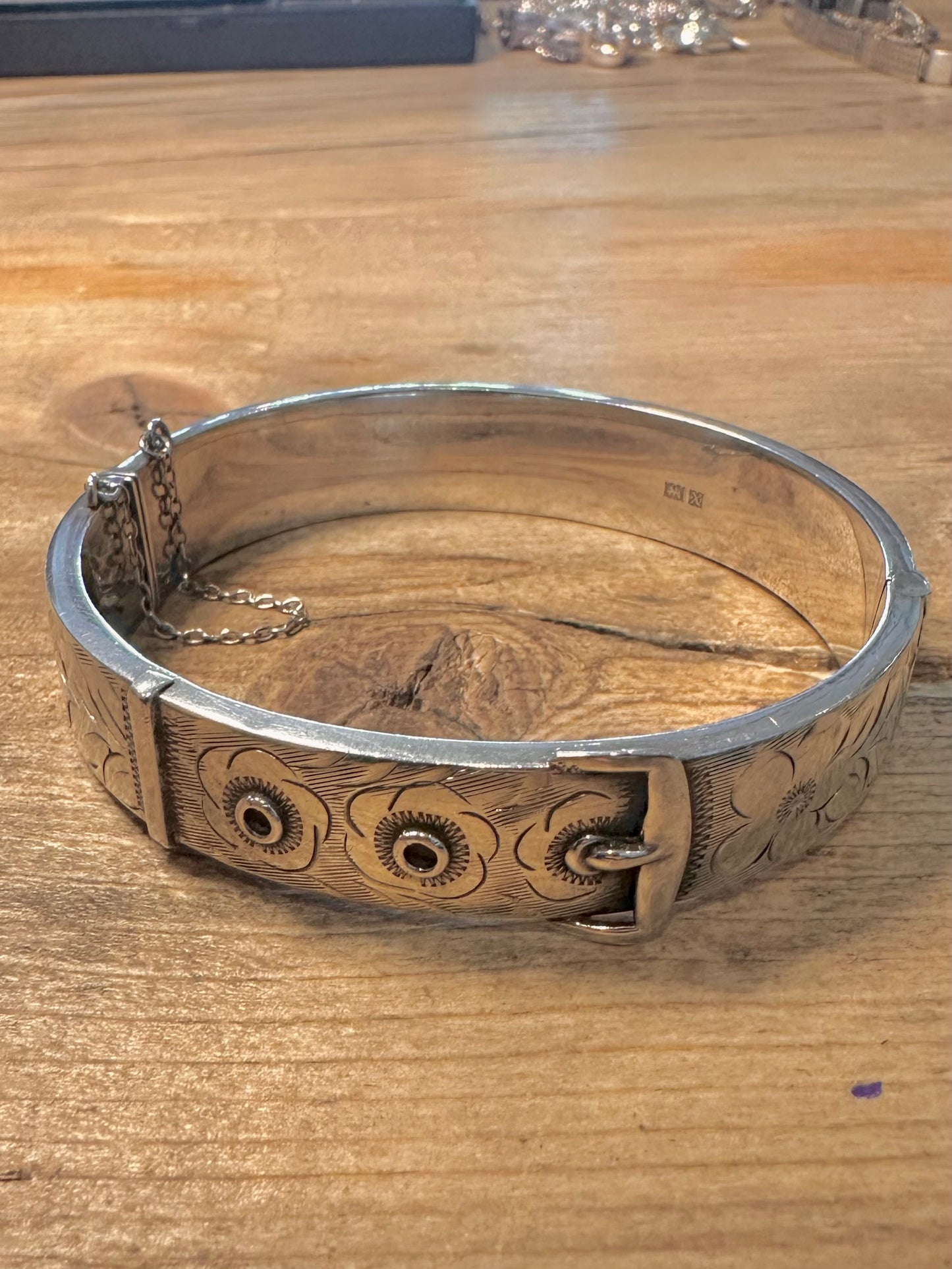 Vintage 1972 Flower Engraved Buckle with Safety Chain 925 Silver Maker JS Bangle