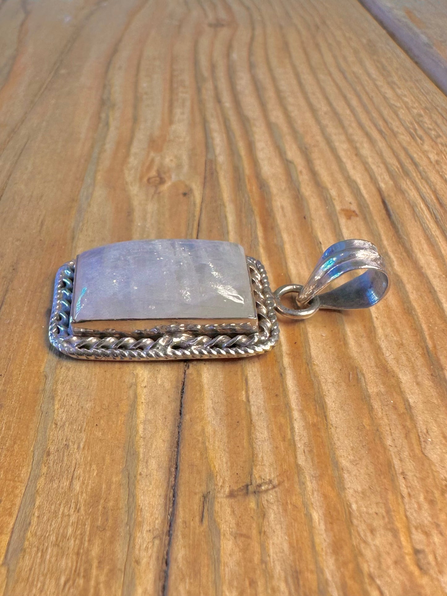 Moonstone Rectangle Rope Border 925 Sterling Silver Pendant