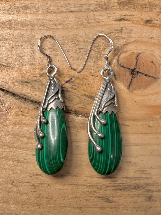 Abstract Malachite Dangle 925 Silver Earrings