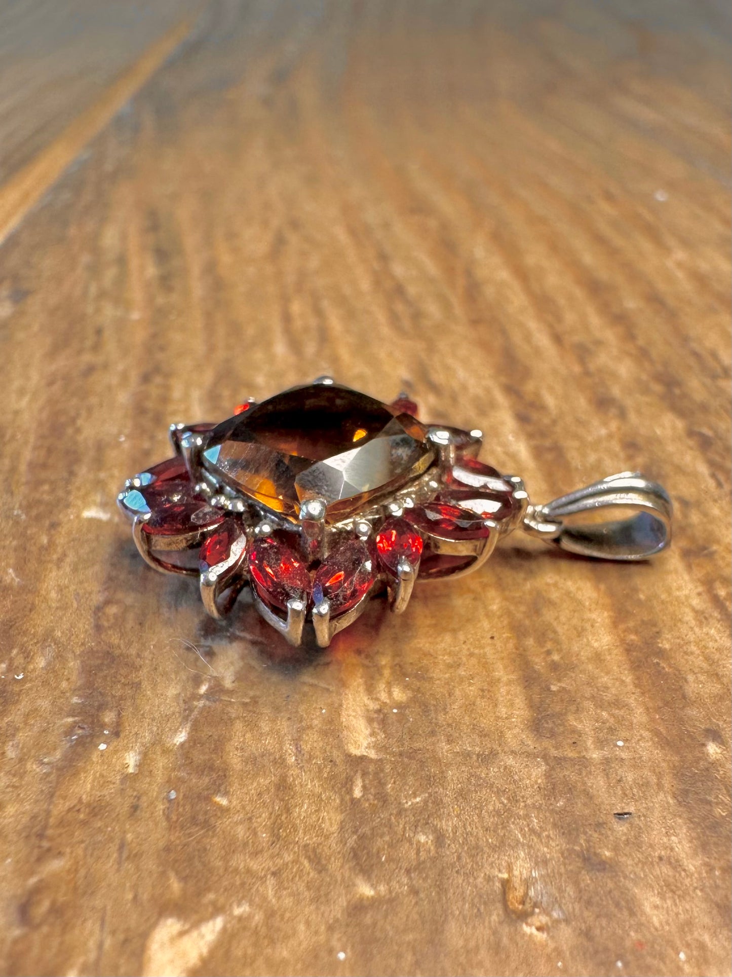 Sunflower Citrine and Garnet 925 Sterling Silver Pendant