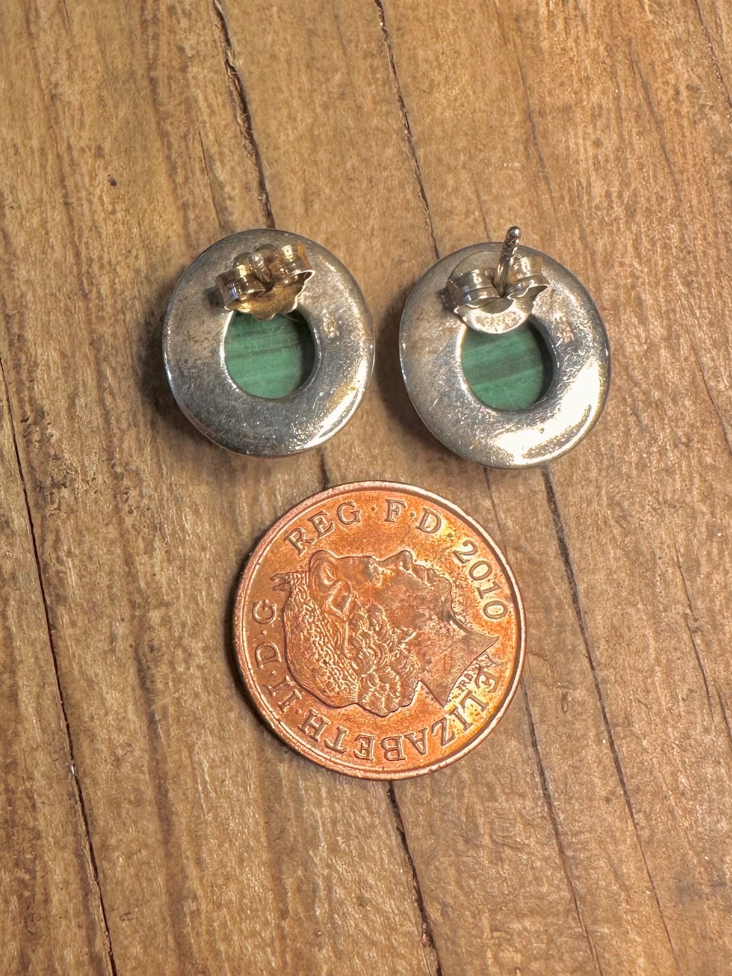 Vintage Malachite Oval Stud 925 Sterling Silver Earrings