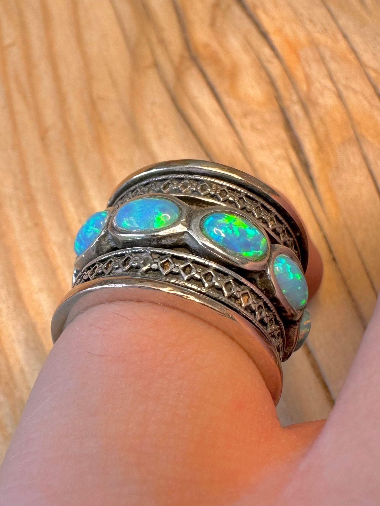 Vintage Opal Spinner Gold Plated Edge and 925 Silver Size L Ring