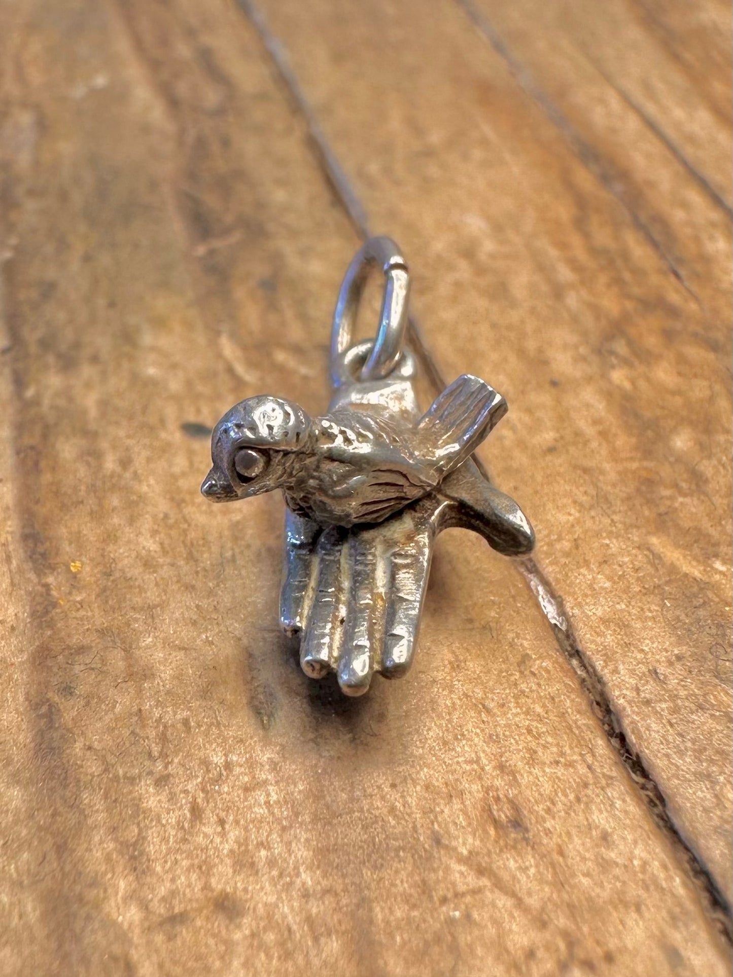 Bird Sat on Hand Rotating 925 Sterling Silver Charm Pendant