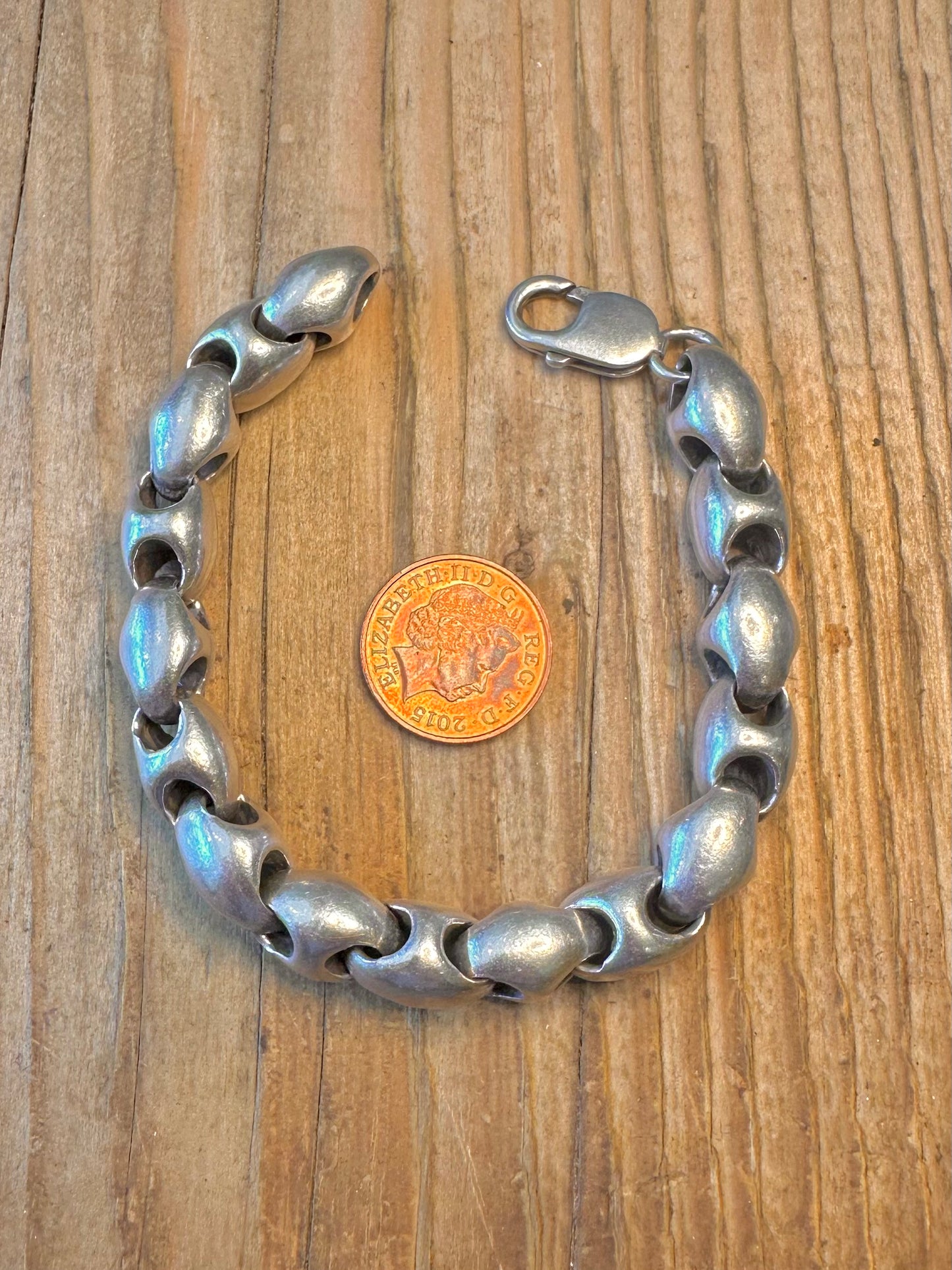 Abstract Chunky Heavy Bean Link 925 Sterling Silver 8.4 inch Bracelet