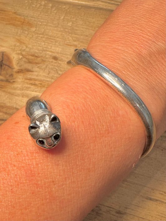 Abstract Double Ended Cat Head 925 Silver Cuff Bangle