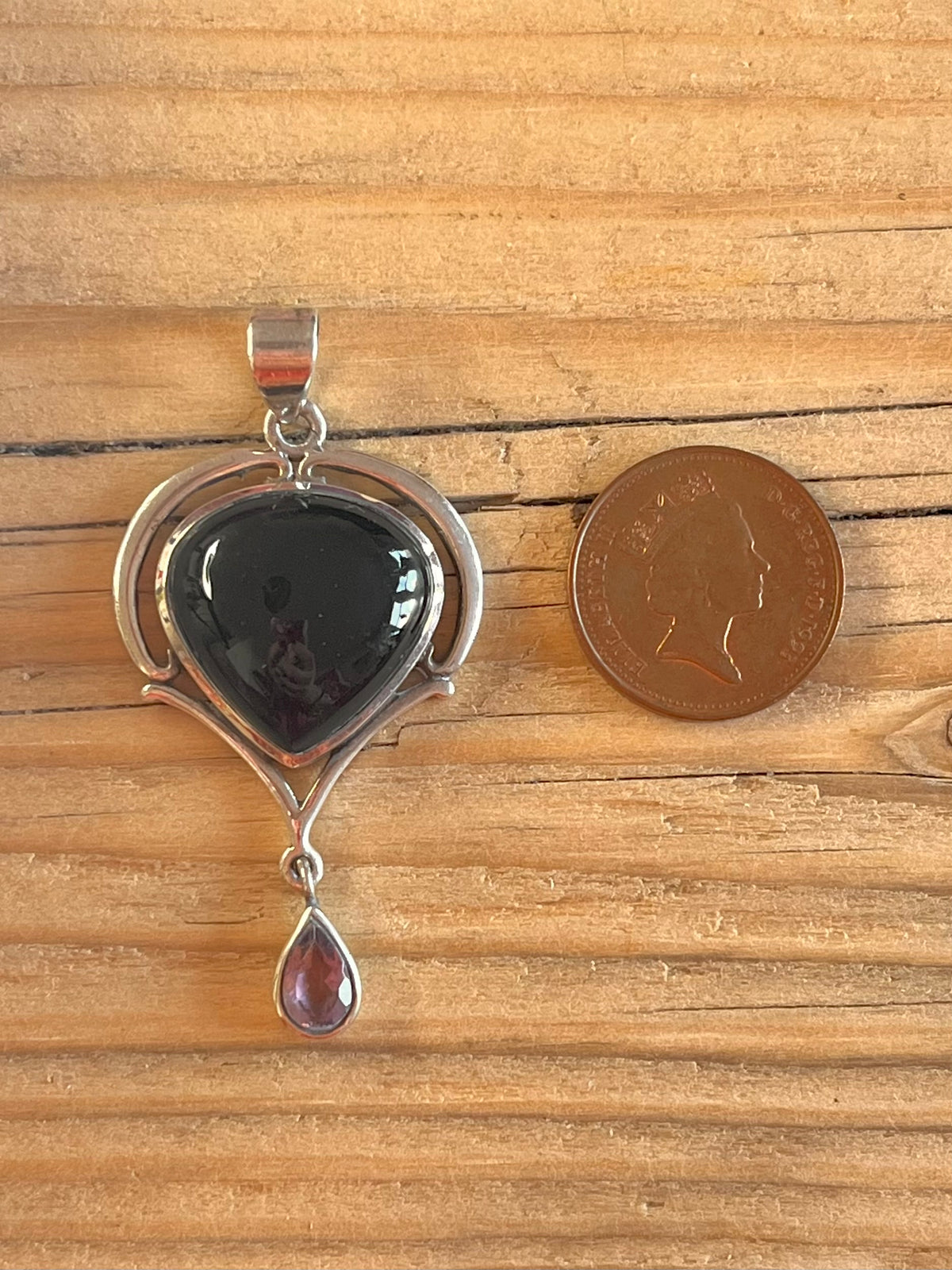 Black Onyx and Amethyst Tiered 925 Sterling Silver Pendant