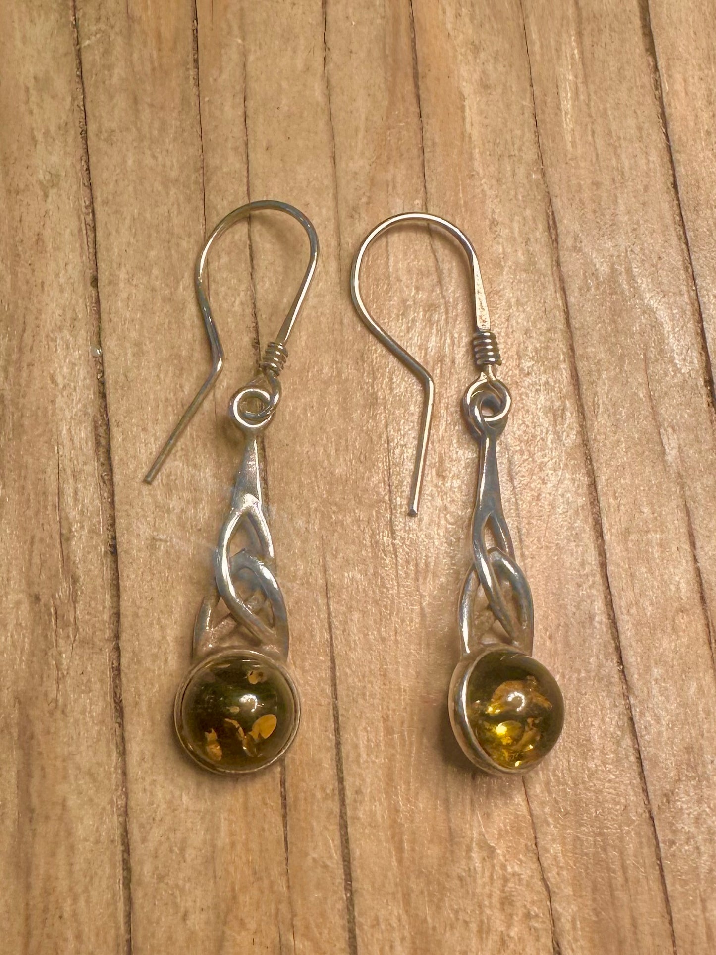 Vintage Green Amber Celtic 925 Sterling Silver Earrings