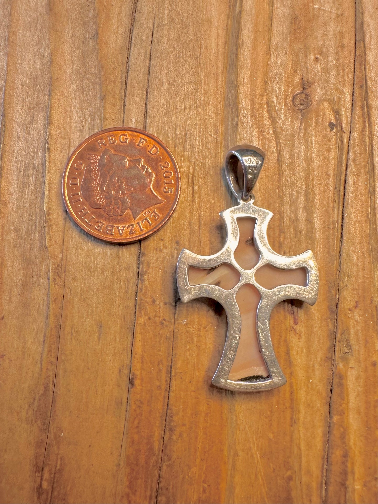 Pink Mother of Pearl Cross 925 Sterling Silver Pendant