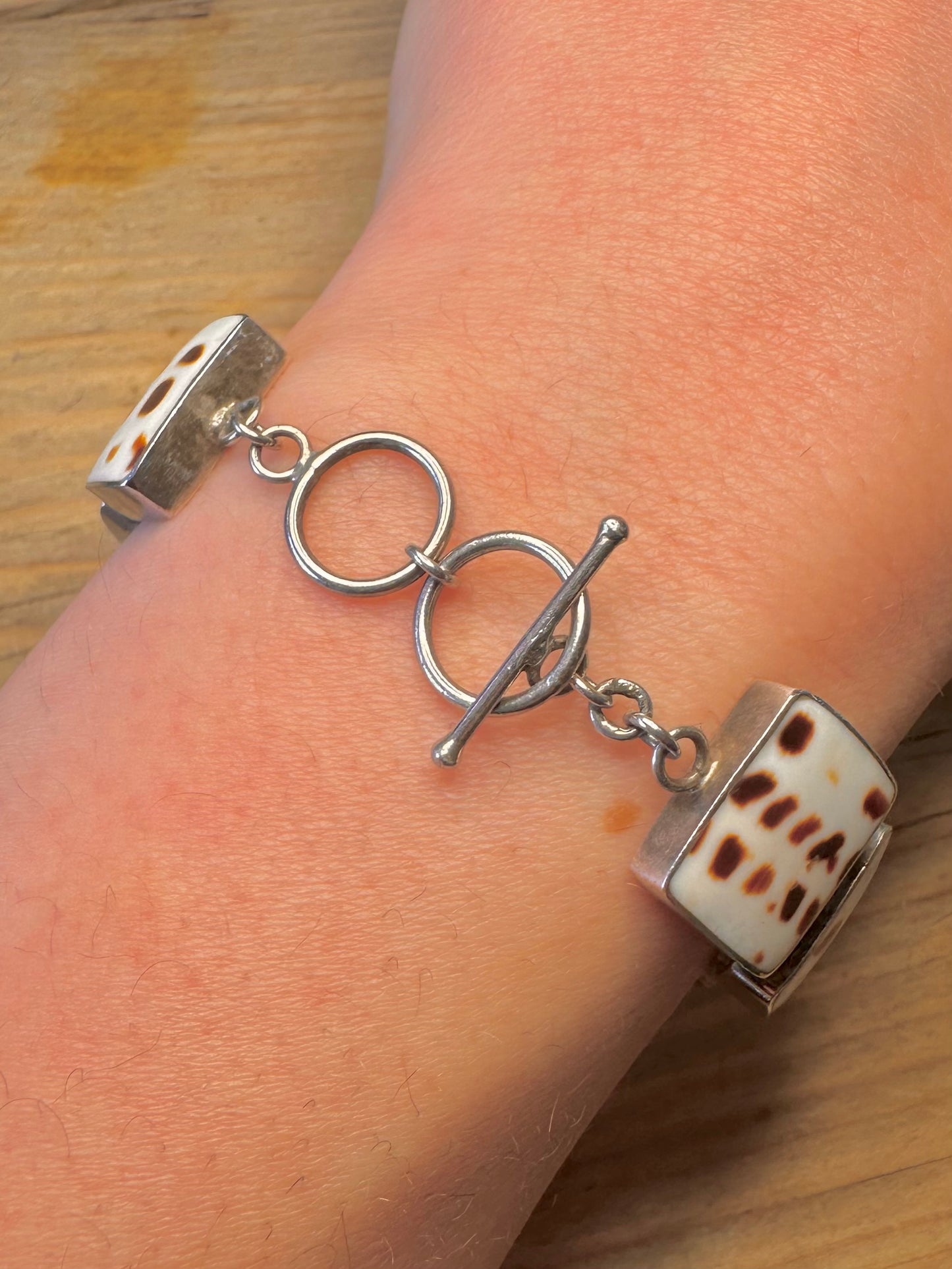 Vintage Cowrie Shell Rectangle White and Brown T Bar 925 Sterling Silver 7.2 to 7.8 inch Bracelet
