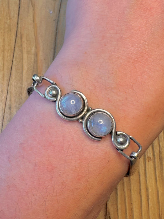 Two Moonstone Swirl Front Clasp 925 Sterling Silver Bangle