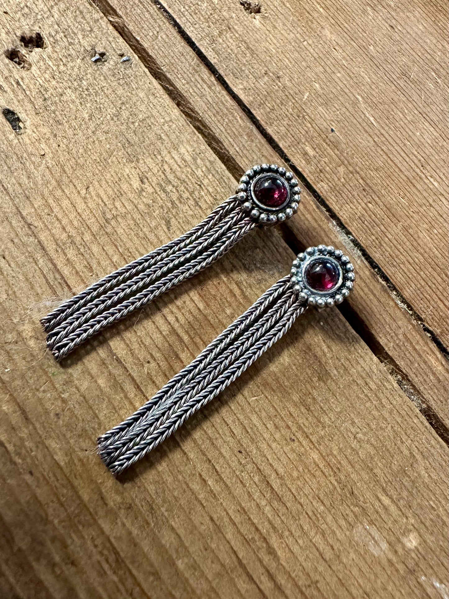 Vintage Garnet Tribal Tassel Dangle 925 Silver Earrings