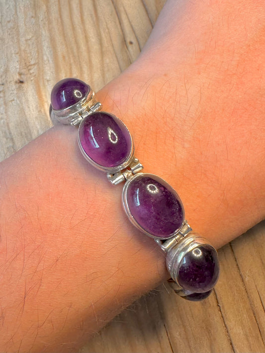 Vintage Amethyst Oval 925 Silver 7 to 7.3 inch Bracelet