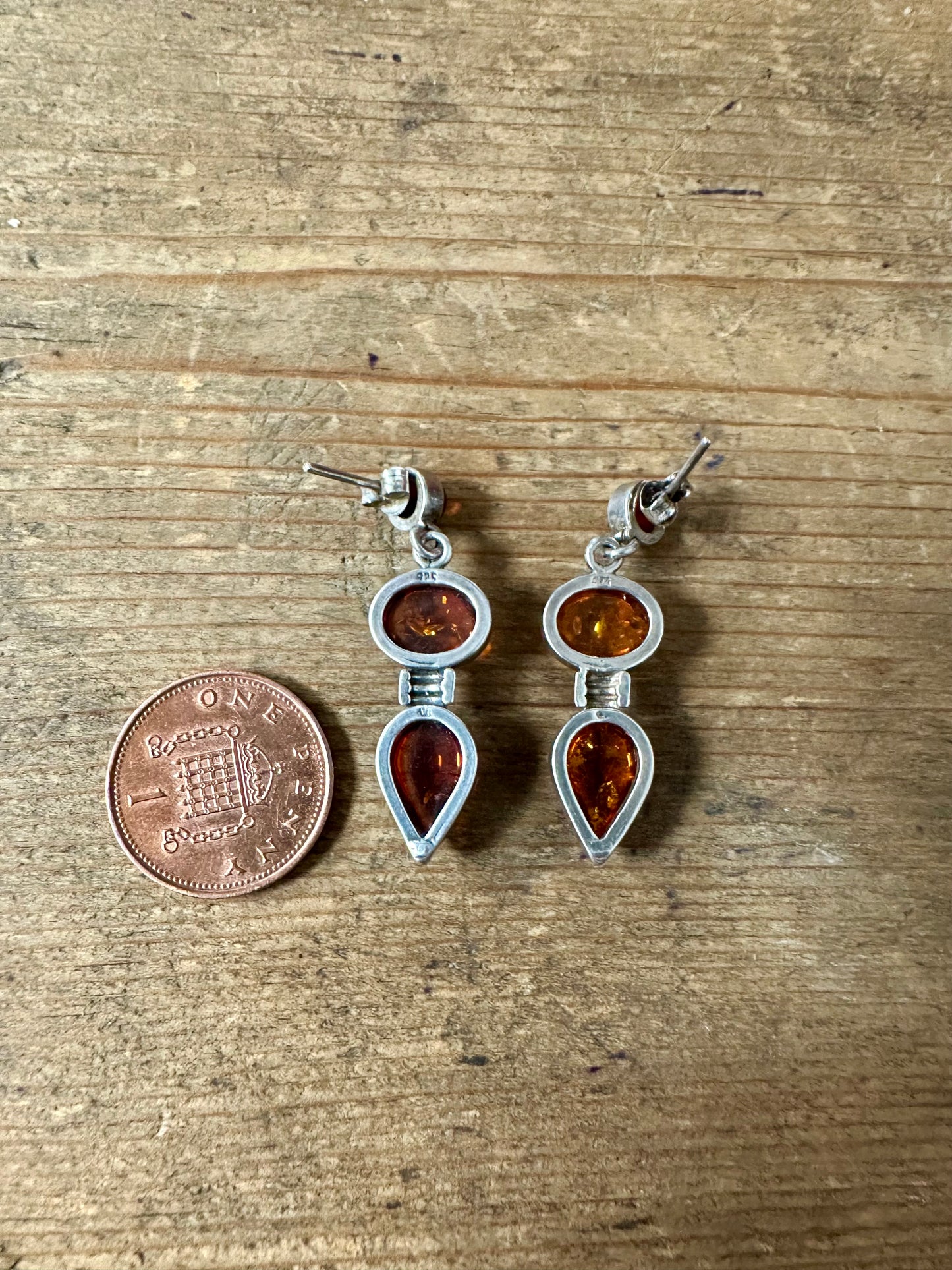 Vintage Amber Dangle 925 Silver Earrings