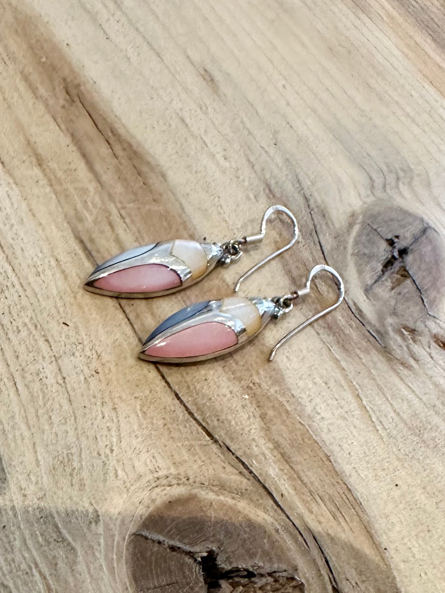 Vintage Coloured Mother of Pearl Dangle 925 Silver Earrings