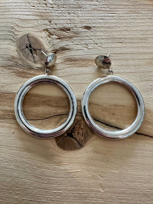 Vintage Large Circle Dangle 925 Silver Earrings