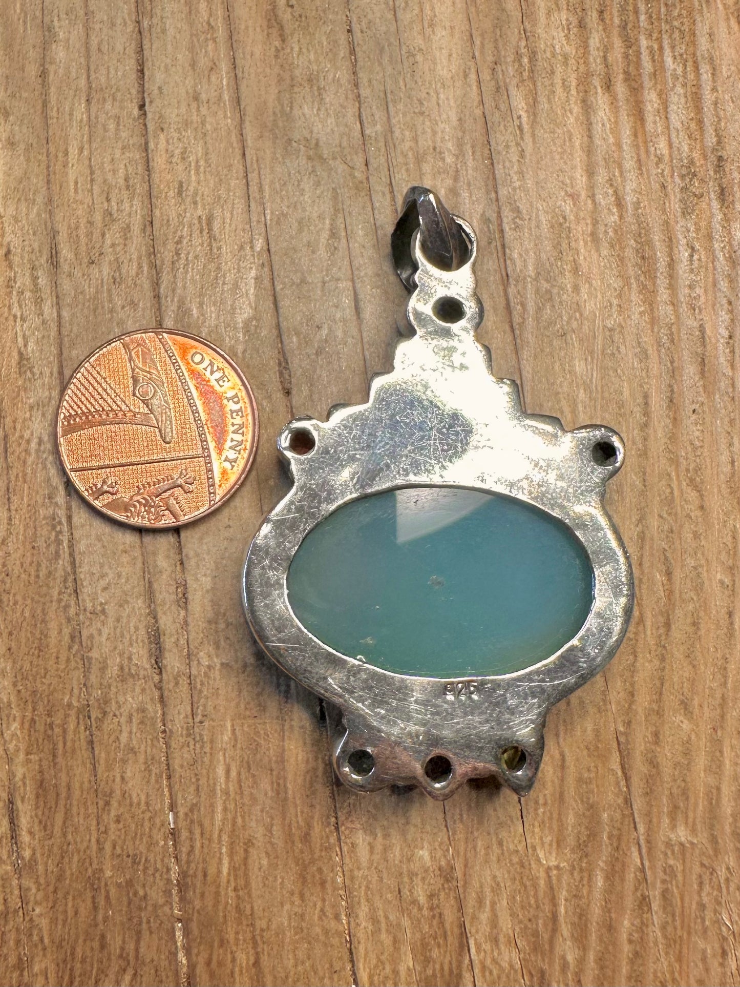Vintage Blue Chalcedony and Multi Gemstone 925 Sterling Silver Pendant