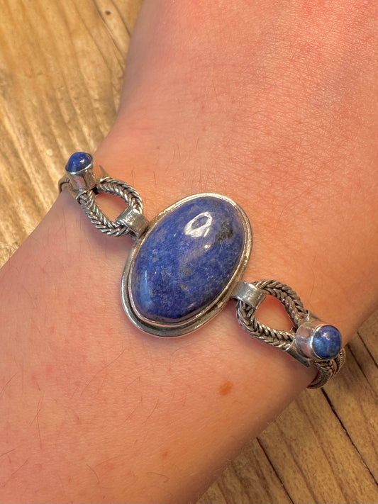 Vintage Lapis Woven Double 925 Sterling Silver 7.2 inch Bracelet