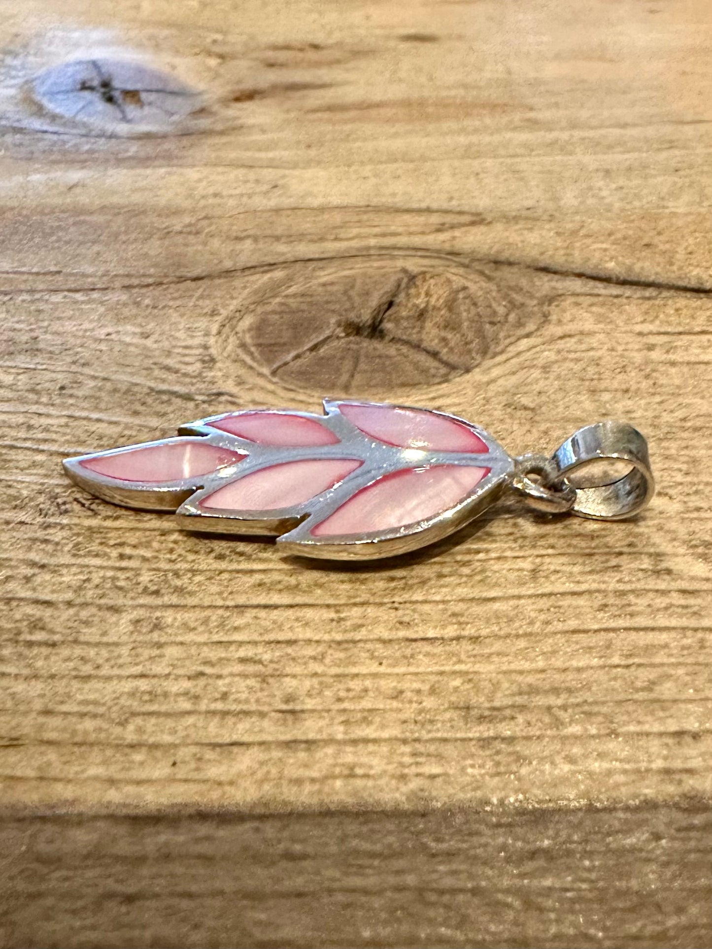 Vintage Pink Mother of Pearl Leaf 925 Silver Pendant