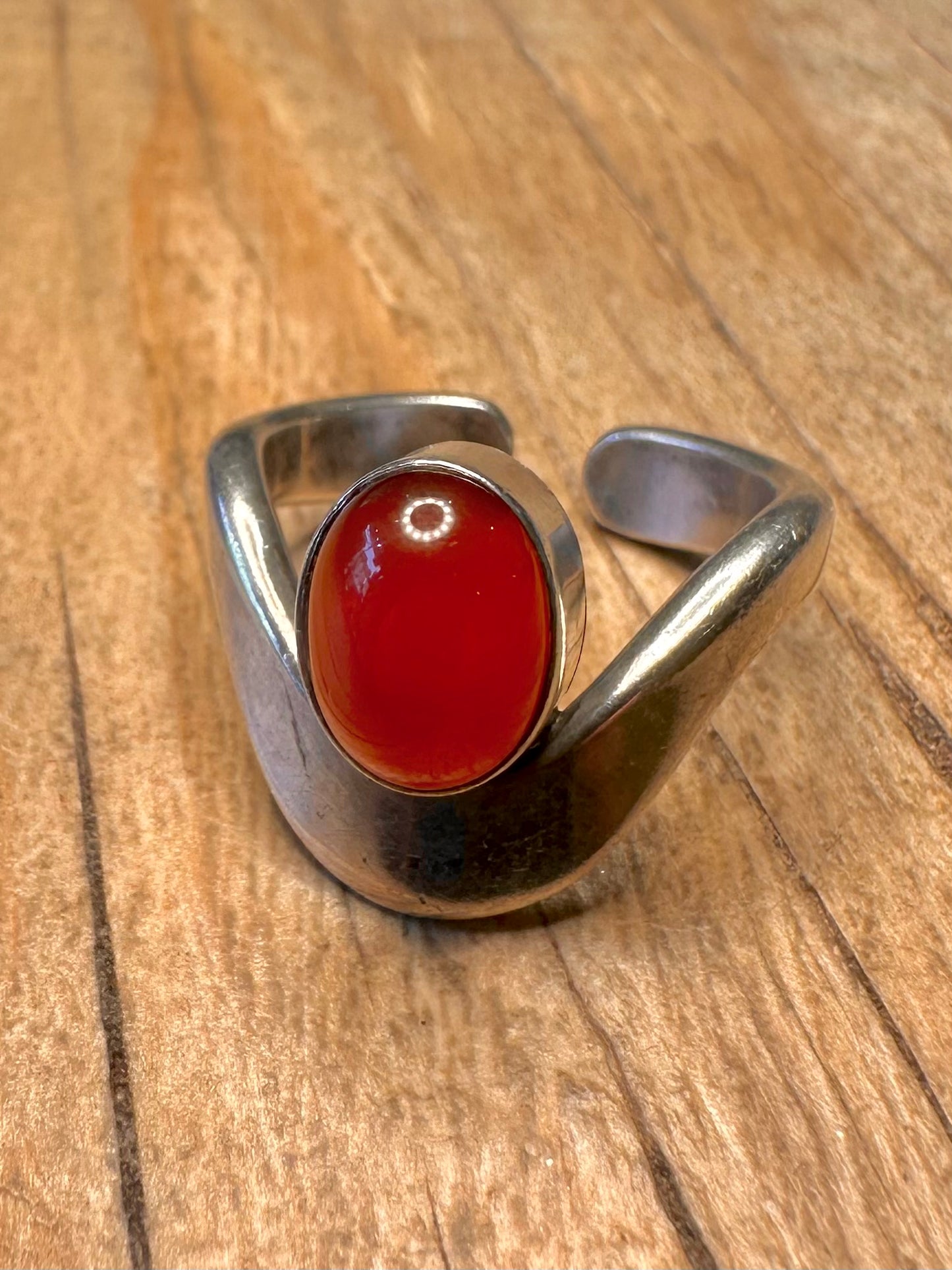 Abstract Carnelian Wavy Open Back 925 Sterling Silver Size M Ring