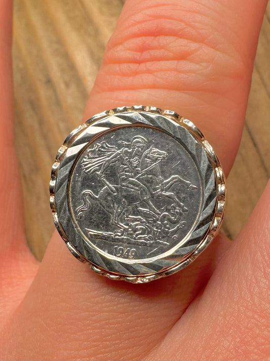 Vintage St George Coin Style Heart Mount 925 Sterling Silver Size P1/2 Ring