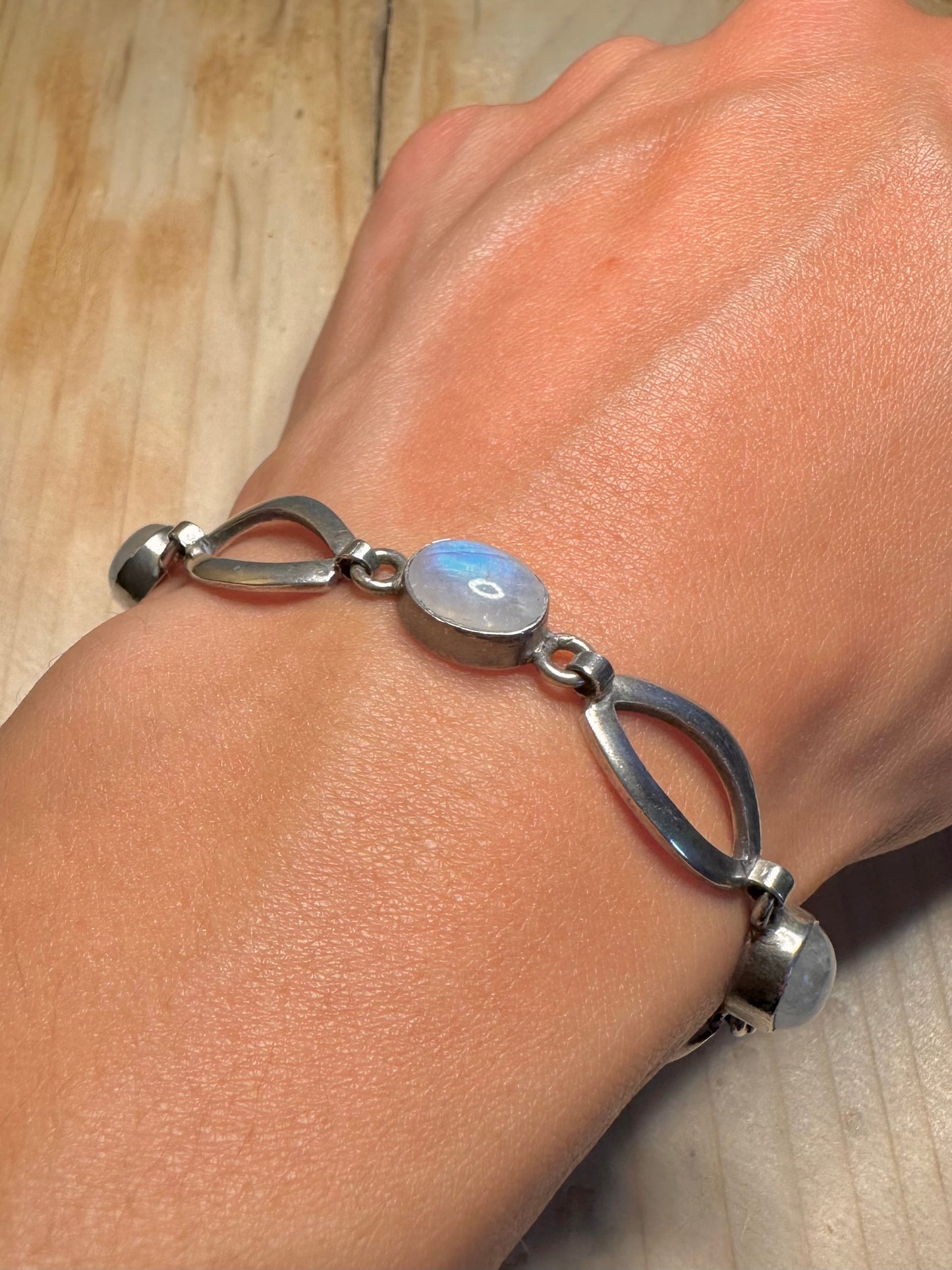 Rainbow Moonstone Oval Link 925 Sterling Silver 7.25 inch Bracelet