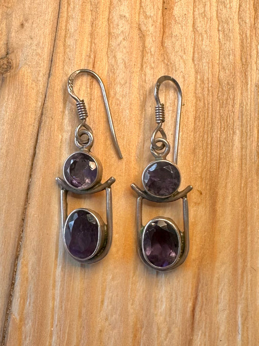 Vintage Amethyst Dangle 925 Silver Earrings