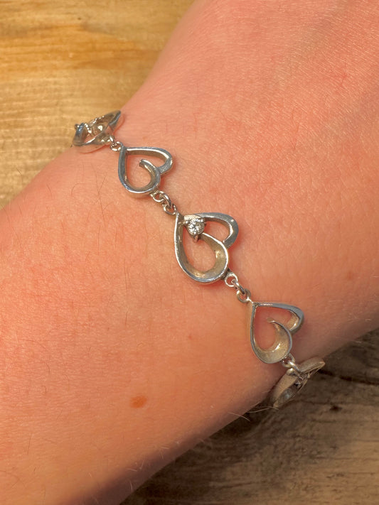 Vintage Heart CZ Stone 925 Silver 7 inch Bracelet