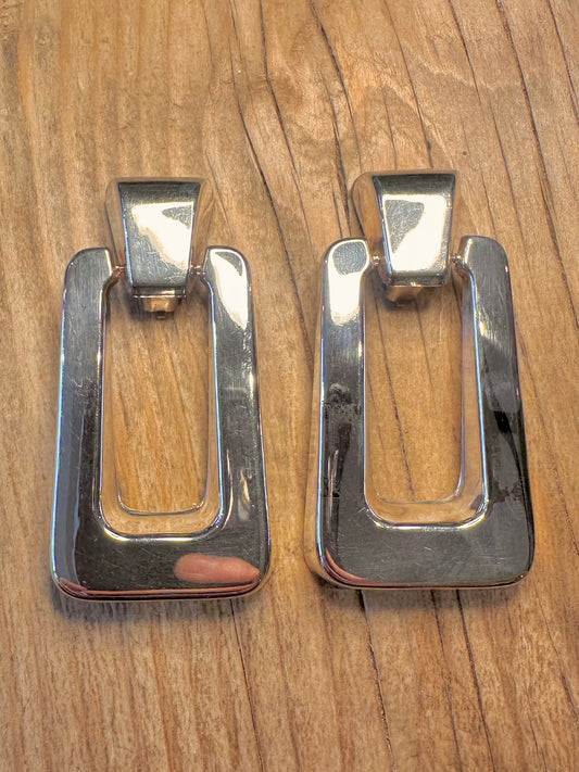 Modernist Rectangle Drop Clip On 925 Sterling Silver Earrings