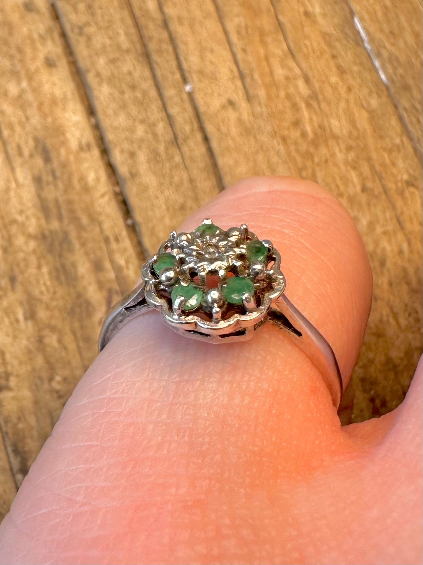 Diamond and Emerald 1979 Cluster 925 Sterling Silver Size N Ring