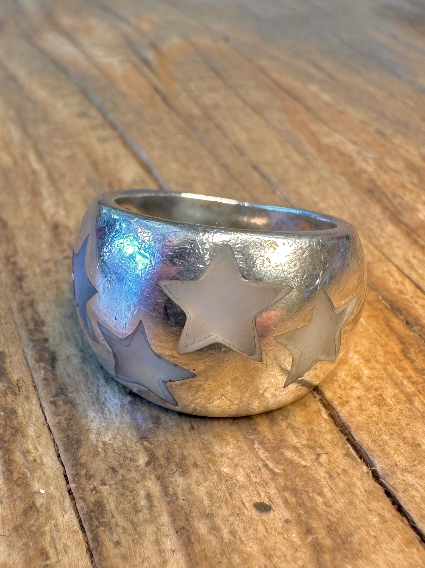 Mother of Pearl Stars Dome 925 Sterling Silver Size O1/2 Ring