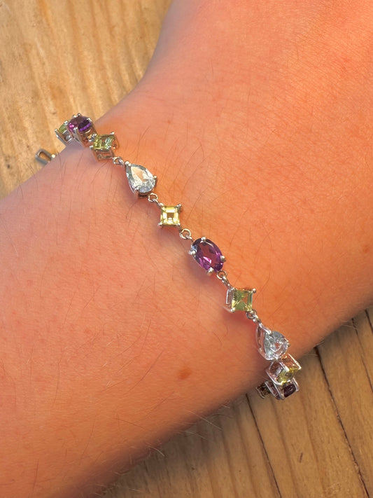 Modern Multi Gemstone 925 Sterling Silver 7.2 inch Bracelet