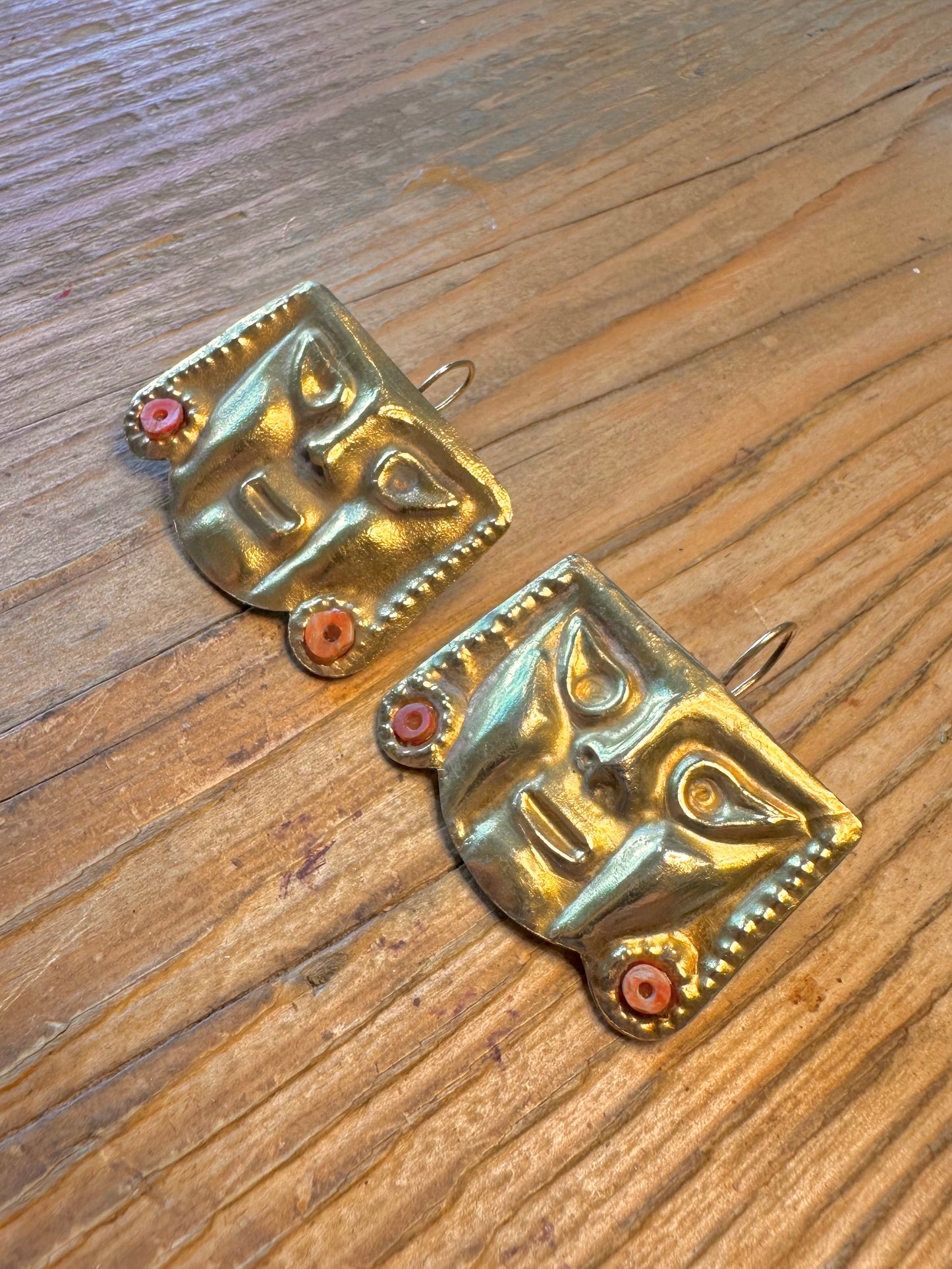 Peruvian Coral Mask Style Gold Toned Brass Earrings