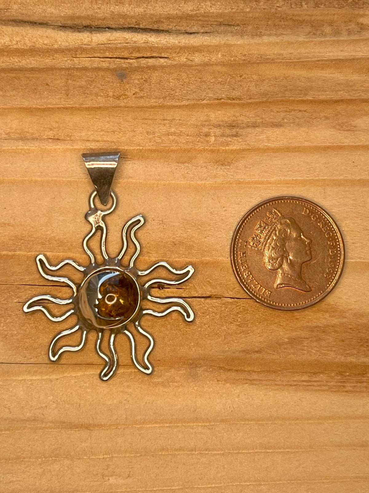 Sun and Moon Amber 925 Mexico Sterling Silver Pendant