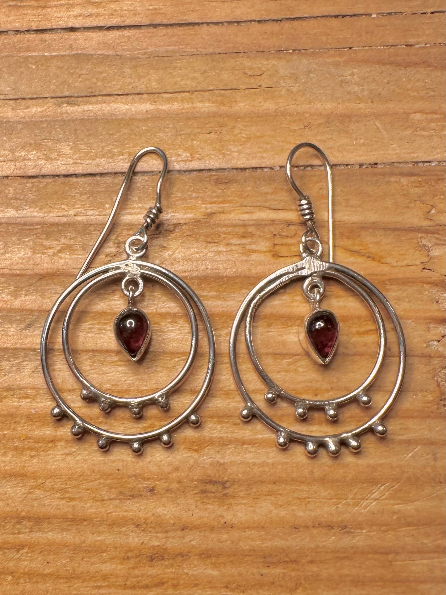 Vintage Garnet Tribal Circle 925 Sterling Silver Earrings