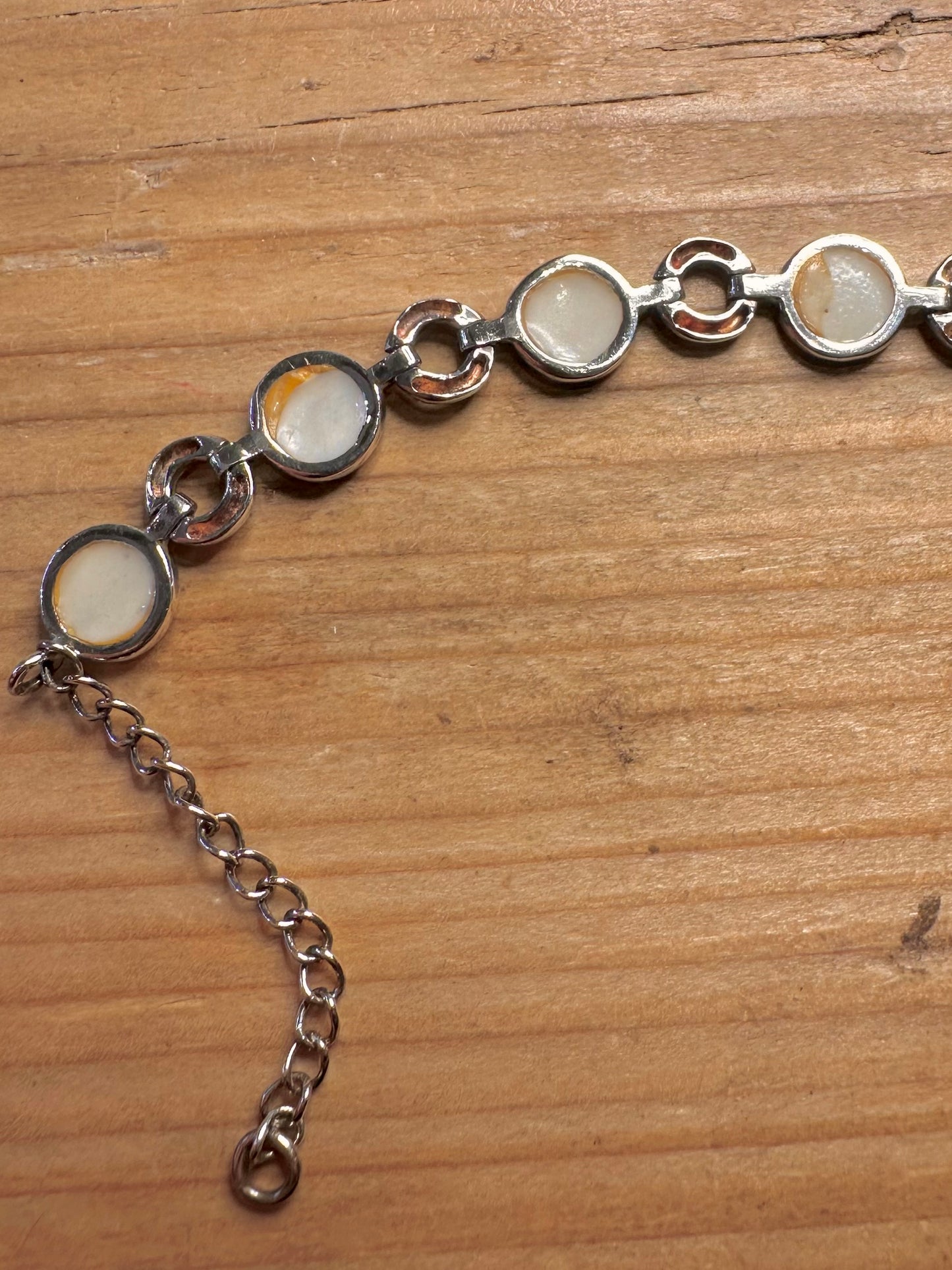 Vintage Mother of Pearl Circle Link 925 Sterling Silver 7.8 inch Bracelet