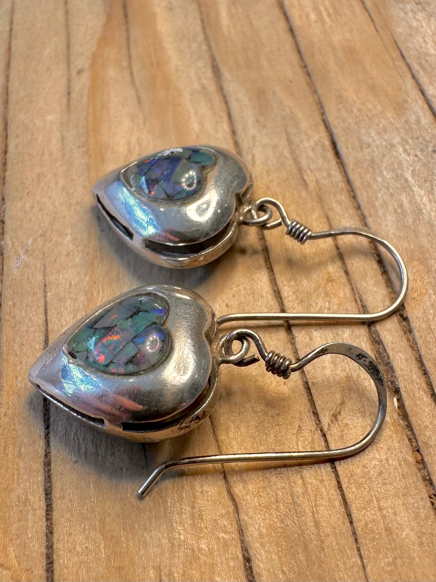 Vintage Heart Opal Mosaic 925 Silver Earrings