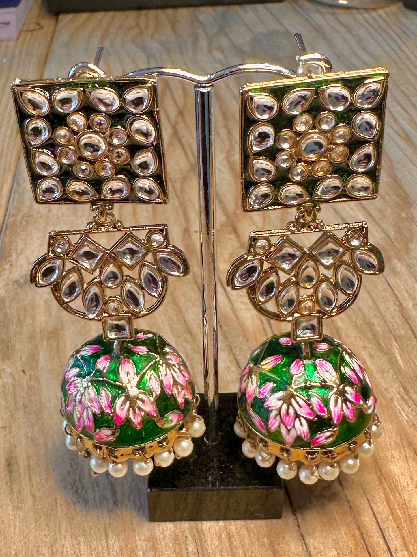 Vintage Enamel Flowers Large Dangle Gold Tone Costume Earrings