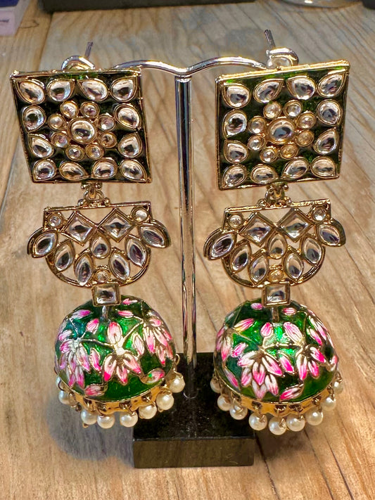 Vintage Enamel Flowers Large Dangle Gold Tone Costume Earrings